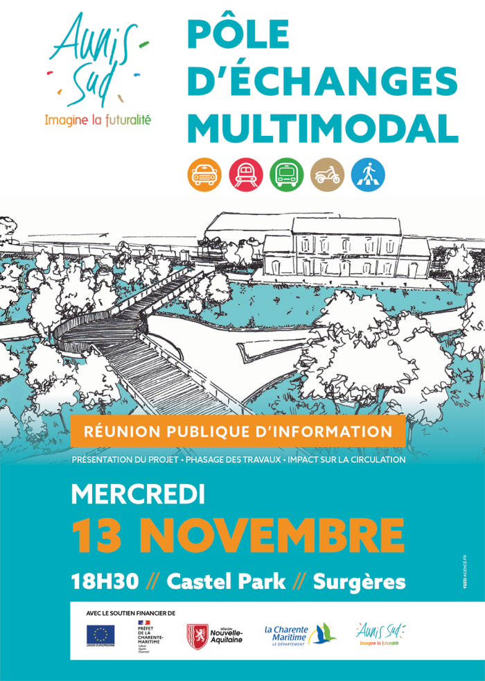 Affiche d'annonce de la réunion publique autour du Pôle d'échanges multimodal. L'affiche intègre une illustration paysagère de la zone de la gare de Surgères après travaux. 