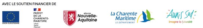 logos des partenaires financiers du pôle d'échanges multimodal : Europe, Etat, Région Nouvelle-Aquitaine, Département de la Charente-Maritime, CdC Aunis Sud