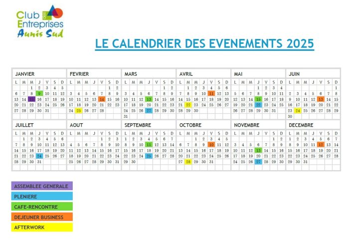 calendrier des événements 2025 du club d'entreprises Aunis Sud 