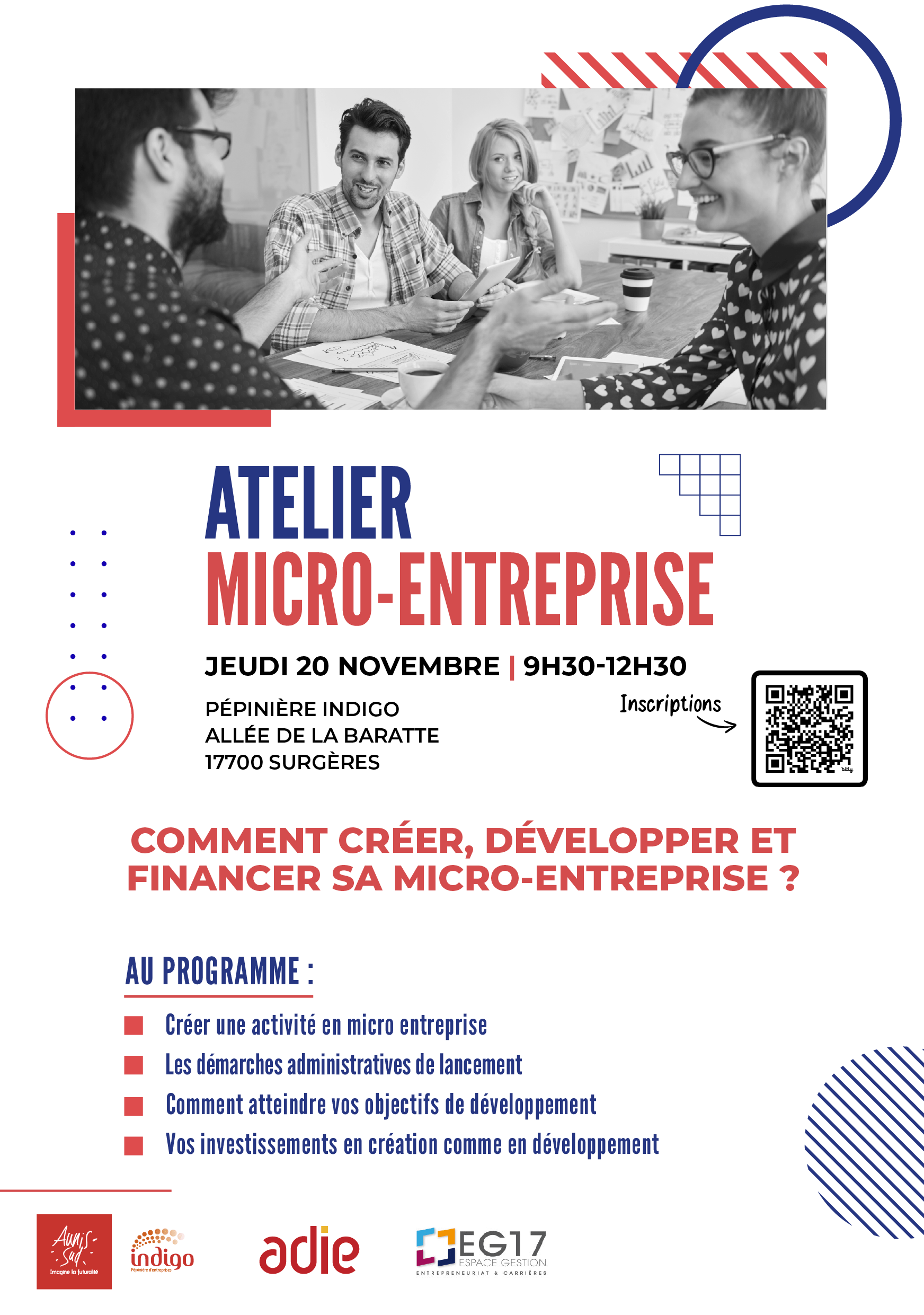 Affiche annonçant l'événement Atelier micro-entreprise le jeudi 20 novembre - comment créer, développer et financer sa micro-entreprise ?