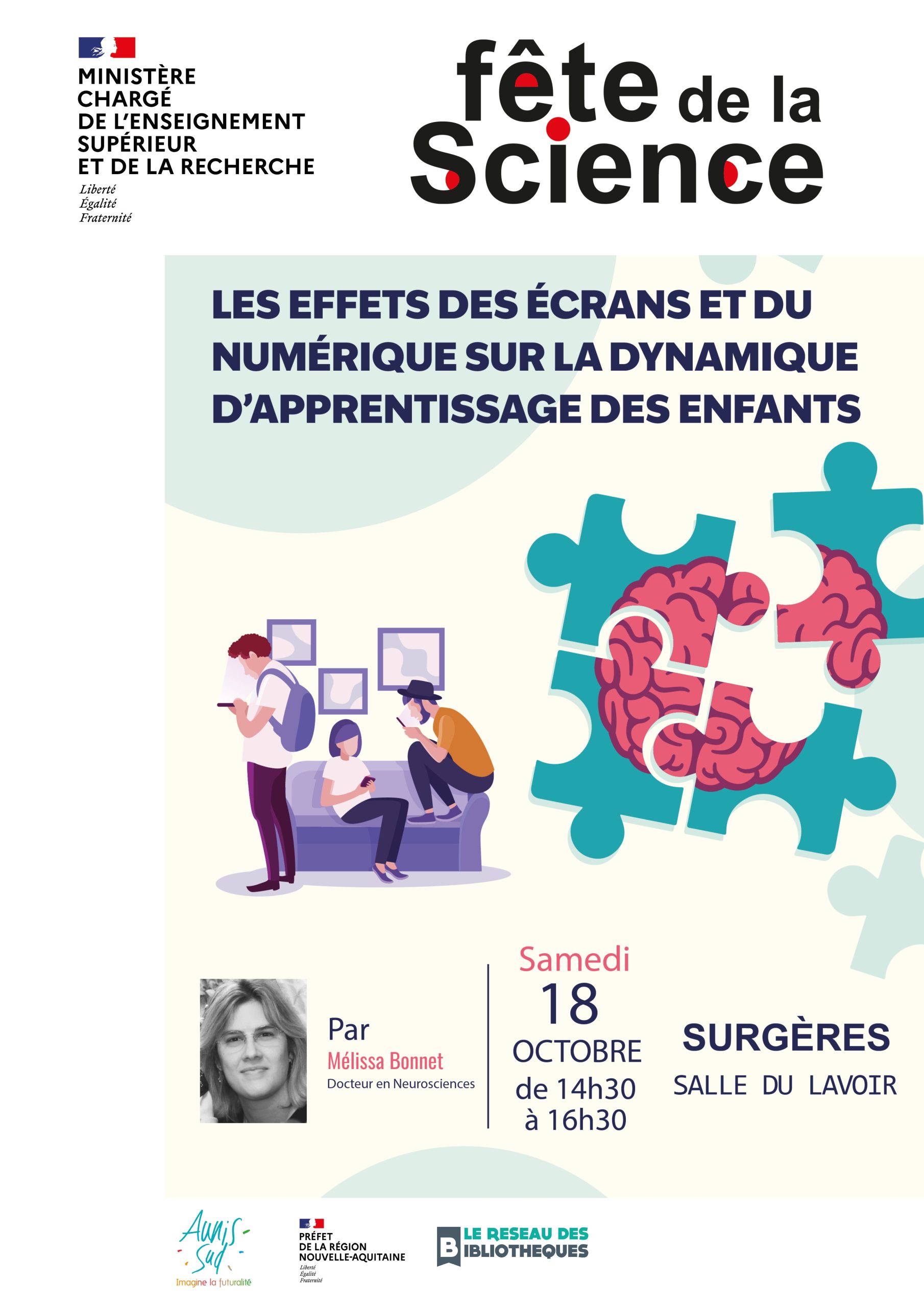 Affiche de la conférence sur le cerveau de Mélissa Bonnet. Illustration et texte : les effets des écrans et du numérique sur la dynamique d'apprentissage des enfants