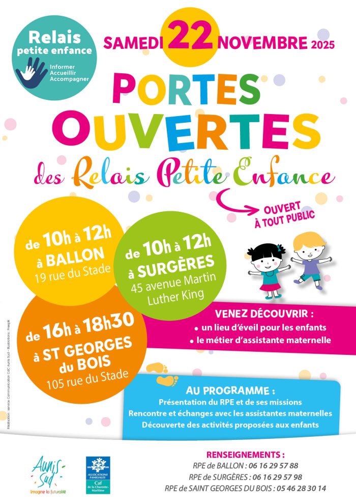 Affiche des portes ouvertes des relais petite enfance Aunis Sud du 22 novembre 2025