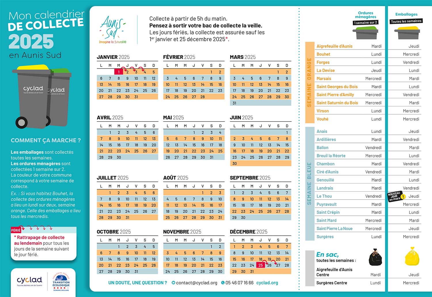 Calendrier de collecte Aunis Sud 2025