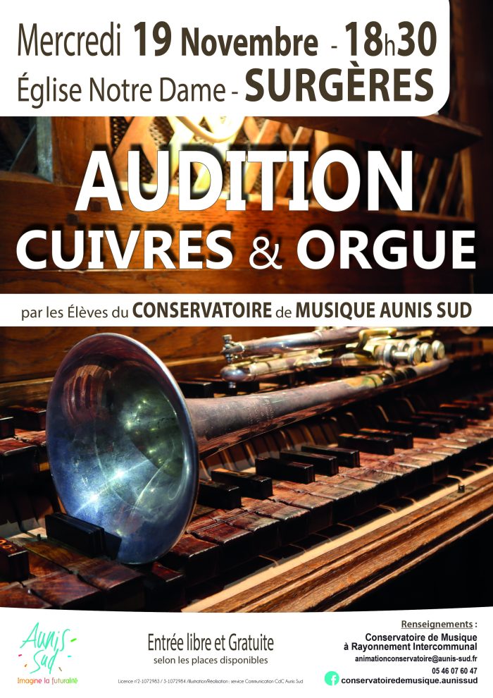 Affiche de l'événement Cuivres et orgue qui aura lieu à l'église Notre Dame de Surgères le mercredi 19 novembre 2025 à 18h30.