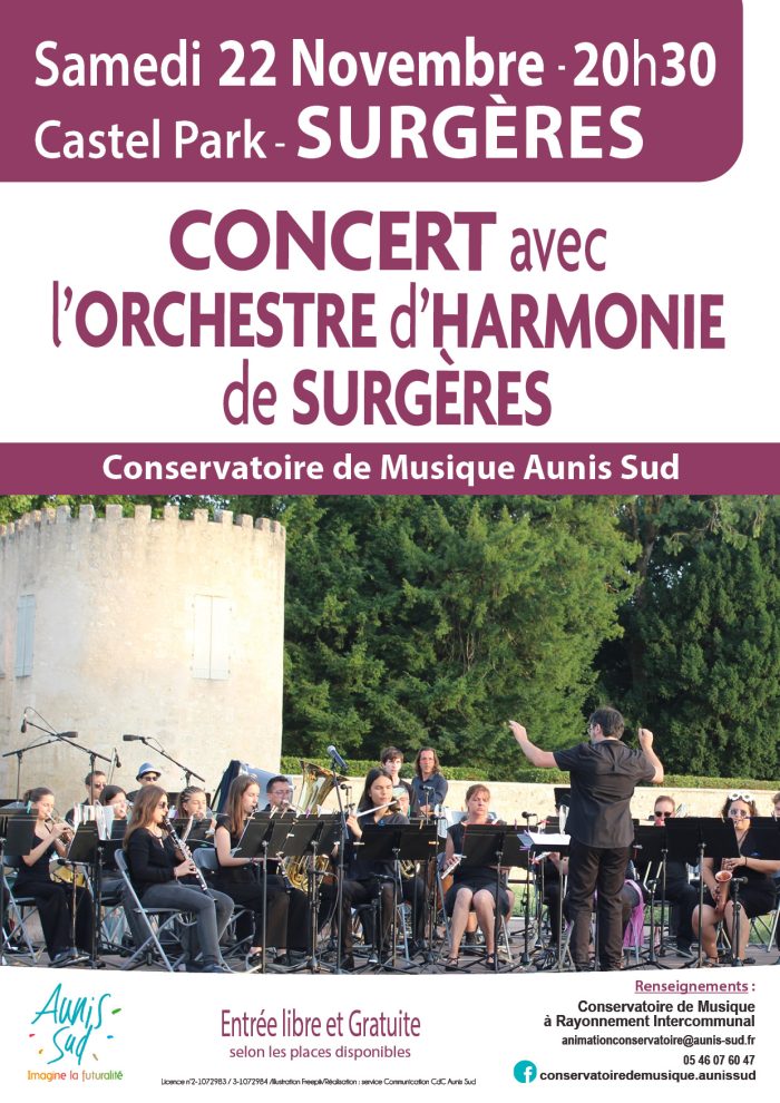Affiche du concert de l'orchestre d'harmonie de Surgères qui aura lieu à l'église Notre Dame de Surgères le samedi 22 novembre 2025 à 20h30.