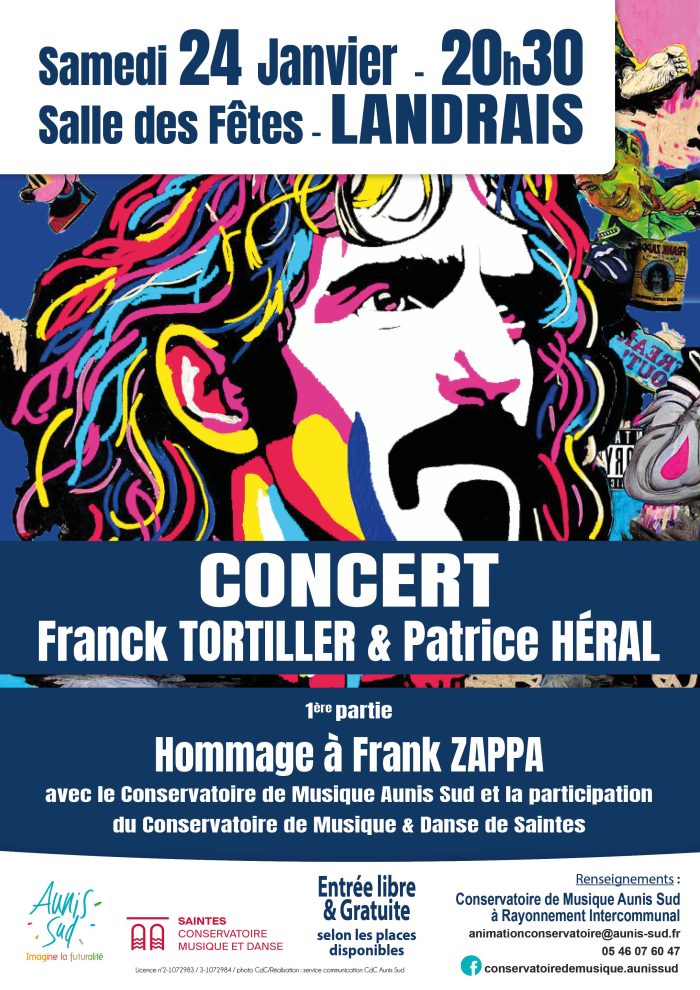 Affiche du concert de Franck Tortiller & Patrice Héral, salle des fêtes de Landrais, le samedi 24 janvier 2026 + Hommage à Franck Zappa