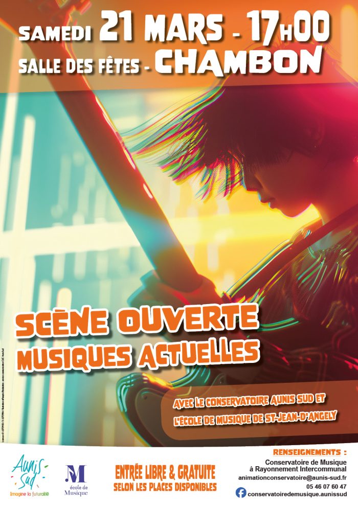Affiche de l'événement "Scène ouverte, musiques actuelles organisé à la salle des fêtes de Chambon le samedi 21 mars 2026