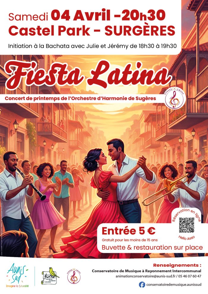 Affiche de l'événement "Fiesta Latina" qui aura lieu au Castel Park de Surgères le samedi 4 avril 2026.