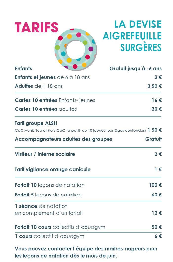 Tarifs 2026 des piscines de Surgères, Aigrefeuille d'Aunis et de la Devise. Aunis Sud