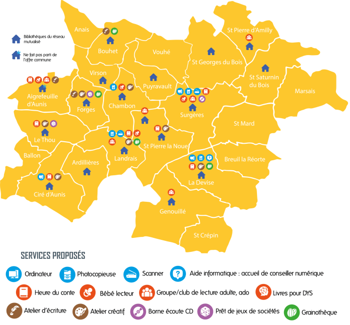 Carte d'Aunis Sud avec l'ensemble des bibliothèques du réseau 