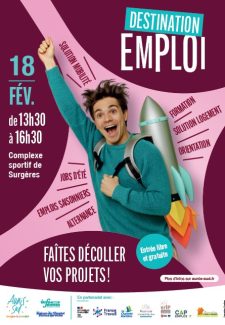 affiche du forum destination emploi avec un jeune qui a une fusée dans le dos et le message "faites décoller vos projets"